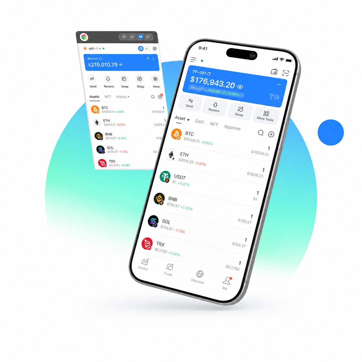 Edited TokenPocket visual reference with a phone and browser panel, with the black hardware removed. Token names and numbers are part of the third-party reference, not TB product features, balances, or confirmed asset support